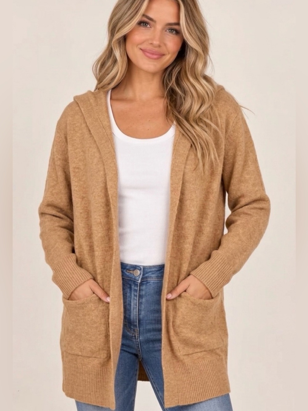 Goodthreads Camel Brown Hooded Open Front Cardigan Sweater Cozy NWT XL